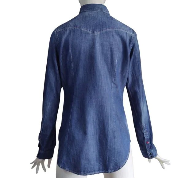 Diesel Western Distressed Chambray Snap Front Cotton Thin Soft Denim Shirt Sz S - Picture 2 of 11